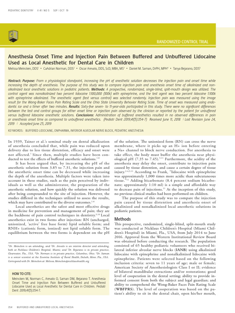 Anesthesia Onset Time and Injection Pain Between Buffered and