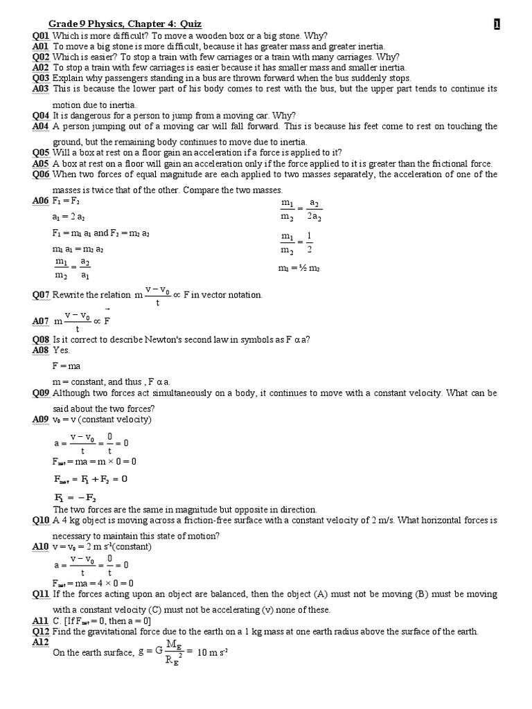 Grade 9 Physics, Chapter 4: Quiz: A 2 A M M 1 M M | PDF | Pressure | Force