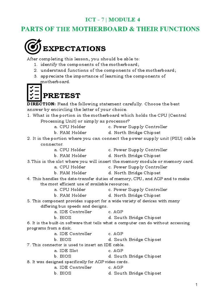 Module 4 Parts of The Motherboard and Their Functions PDF Usb Bios