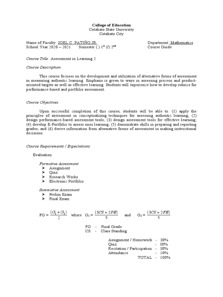 Course Title: Assessment in Learning 2 Course Description:: College of ...