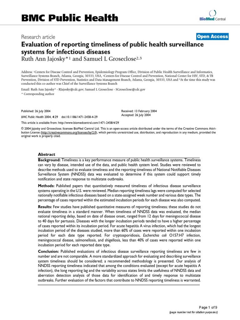 BMC Public Health Evaluation of Reporting Timeliness of Public Health