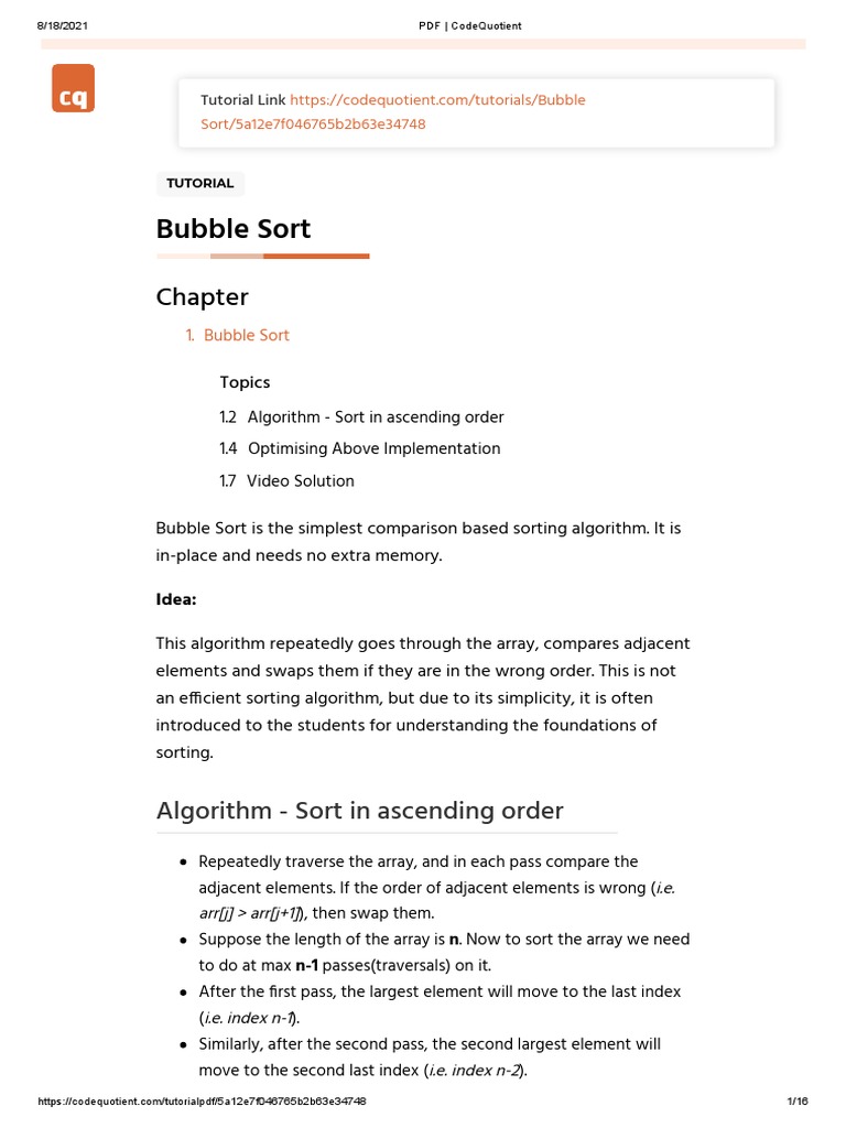 Bubble Sort: Algorithm - Sort in Ascending Order | Download Free PDF ...