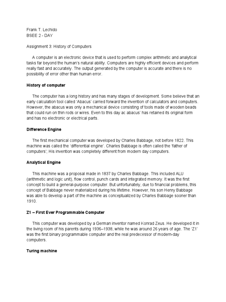History of Computers Assignment | PDF | Science And Technology | Computing