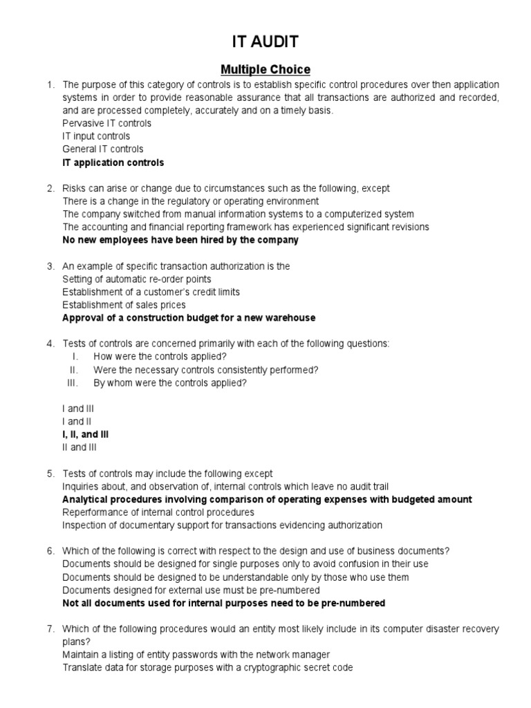 It Audit: Multiple Choice | PDF | Audit | Internal Control
