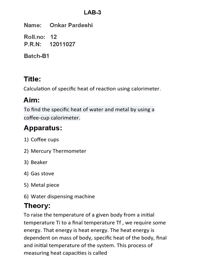 Determining Specific Heats Through Coffee Cup Calorimetry PDF Heat