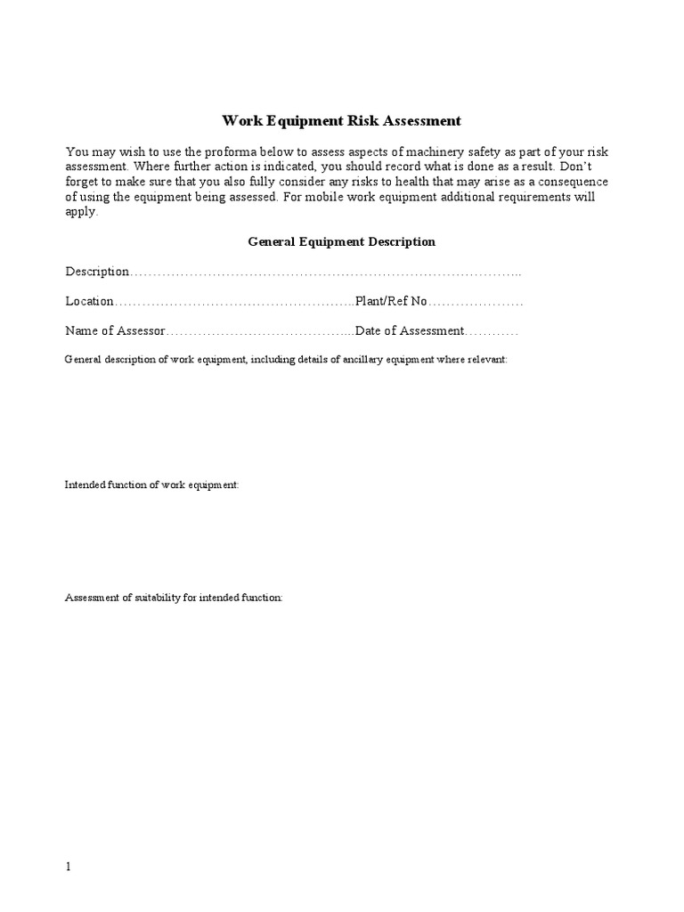 Work Equipment Risk Assessment Guide | PDF | Personal Protective ...