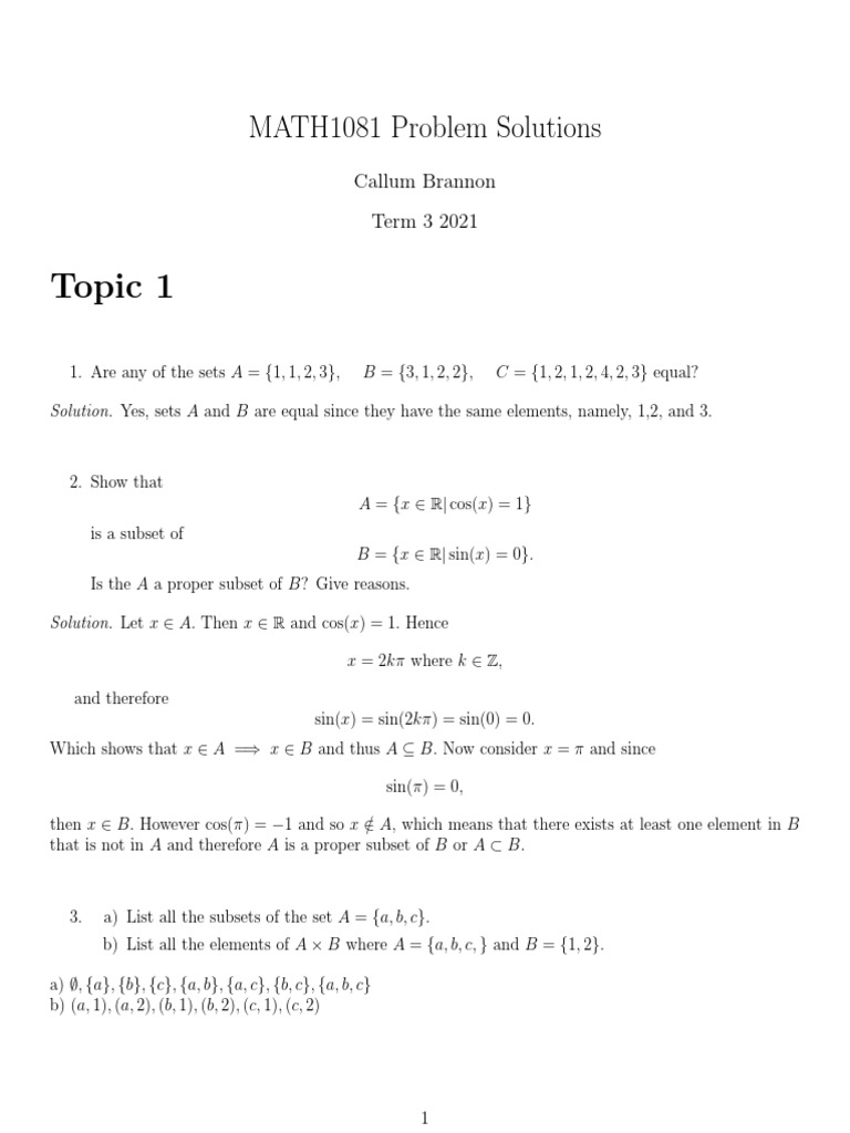 Topic 1: MATH1081 Problem Solutions | PDF | Function (Mathematics ...