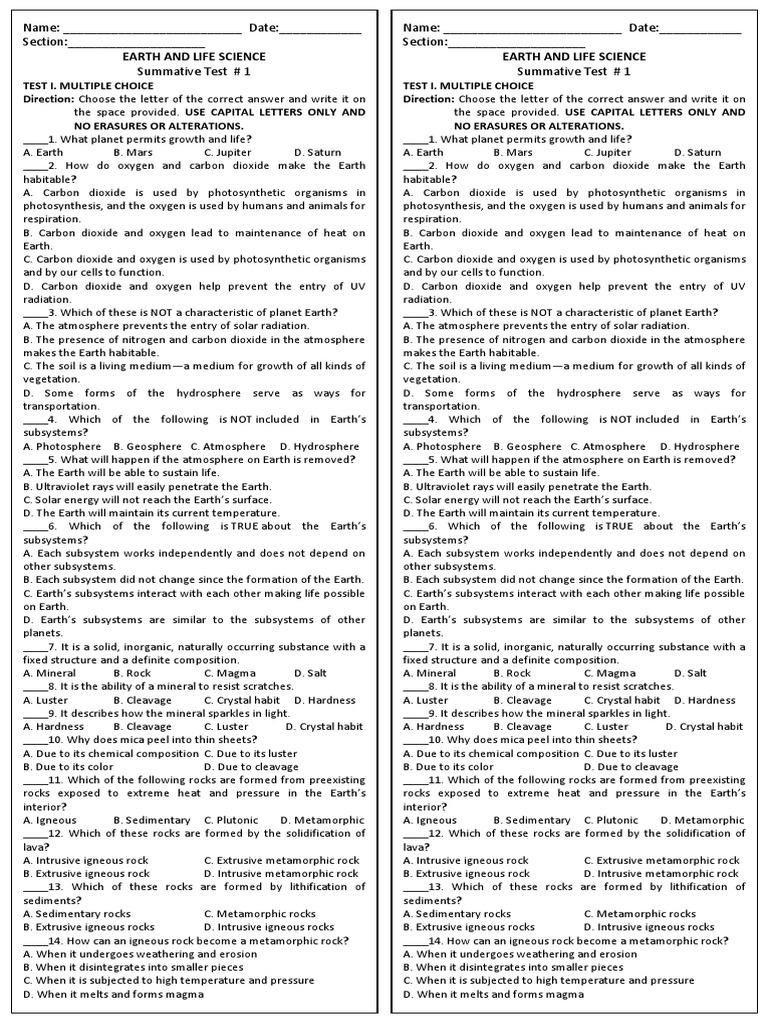 Earth and Life Science Test Questions | PDF | Rock (Geology) | Igneous Rock