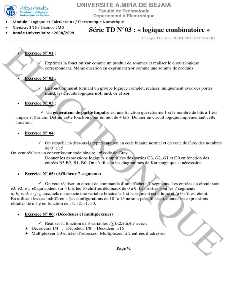 TD 3.logique Combinatoire - Béjaia | PDF | Fonction logique | Logique ...