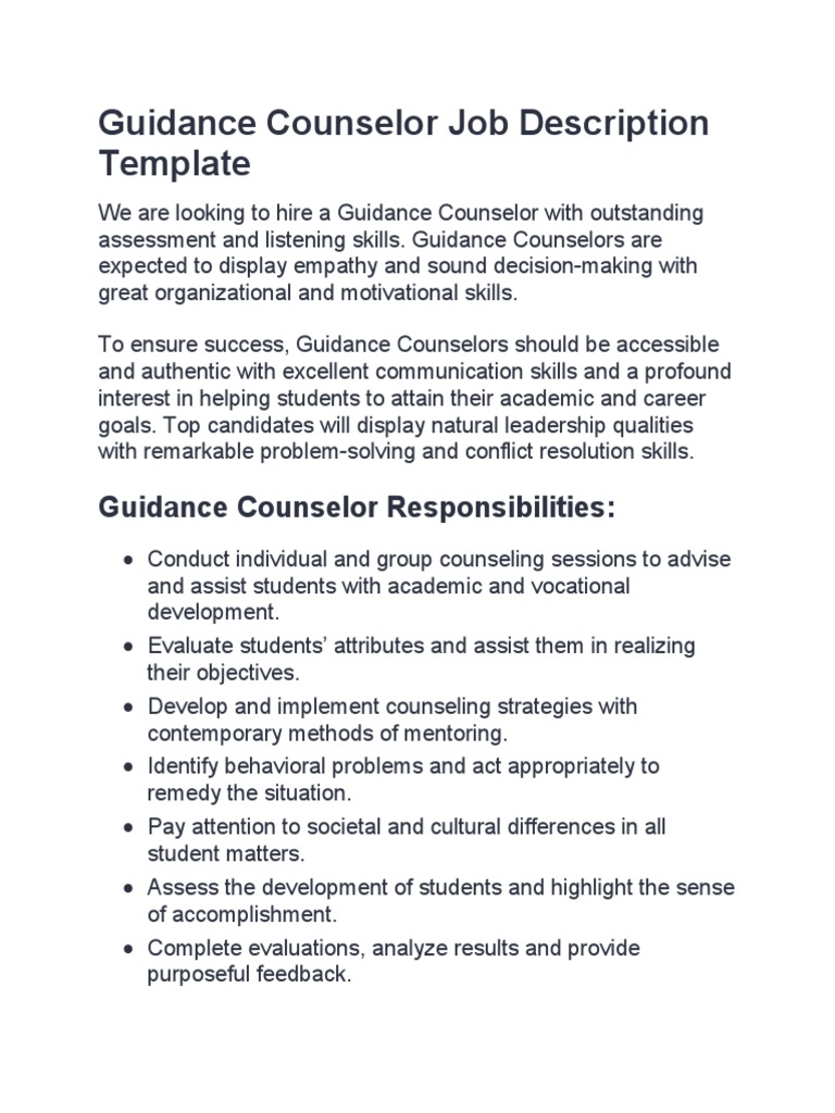 Guidance Counselor Job Description Template PDF School Counselor