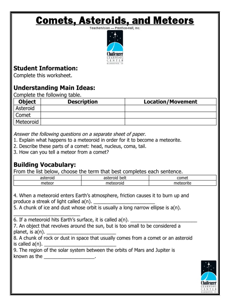 Comets, Asteroids, and Meteors Worksheet | PDF | Science & Mathematics ...