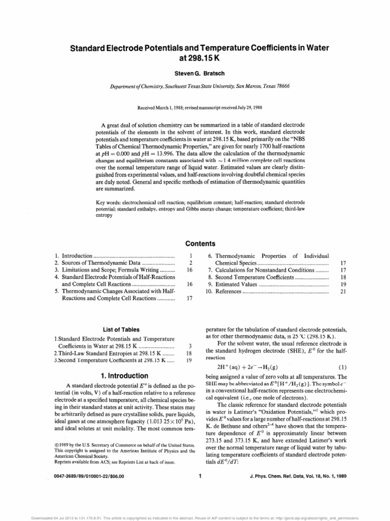 Standard Electrode Potentials and Temperature Coefficients in Water at