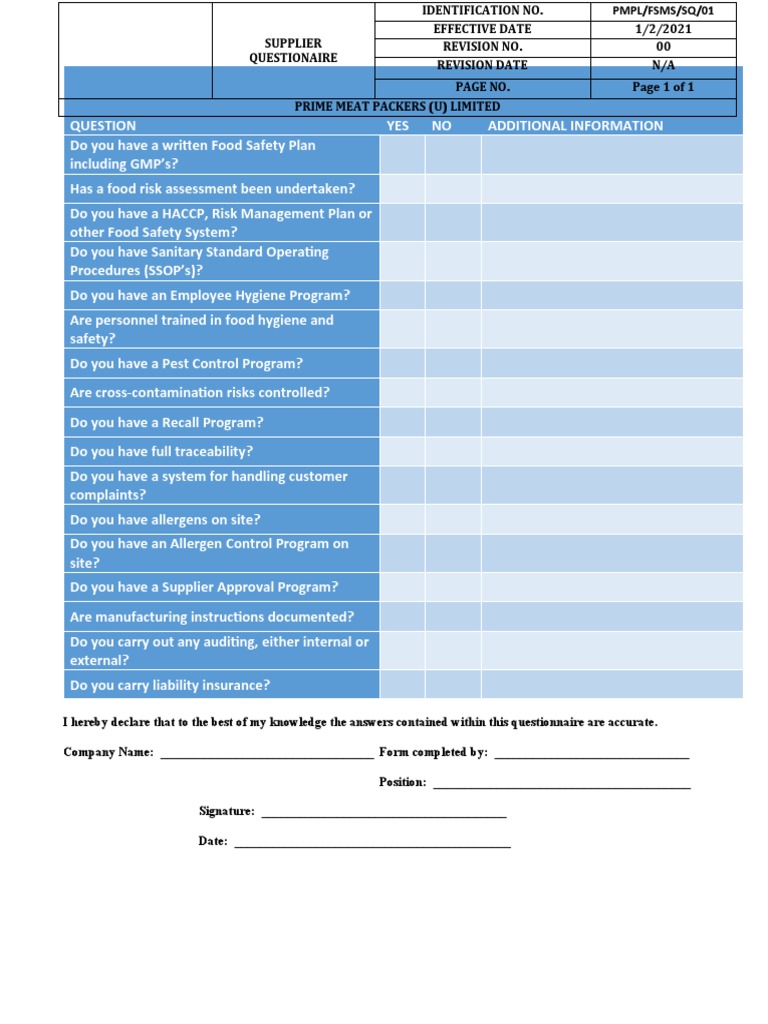 5b Sample Supplier Questionnaire Template PDF