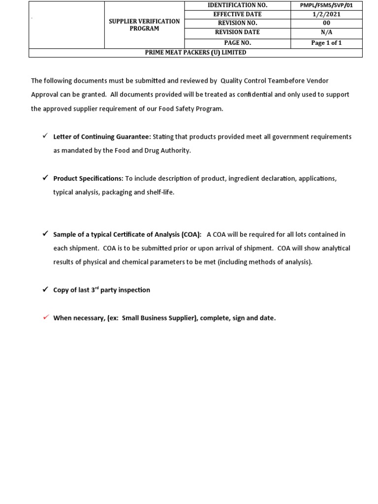 5a Sample Supplier Verification Program Template PDF