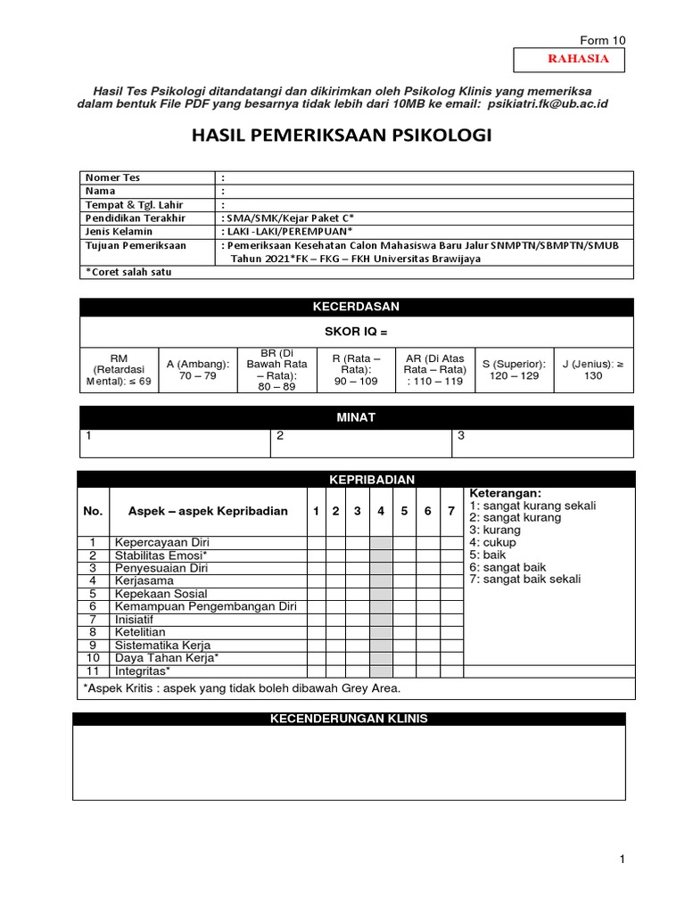 Form 10 Hasil Psikotes Camaba 2021 1 Pdf