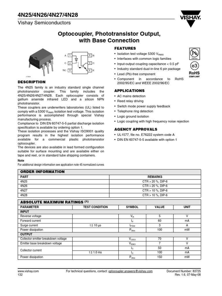4N25 Datasheet | Electricity | Manufactured Goods