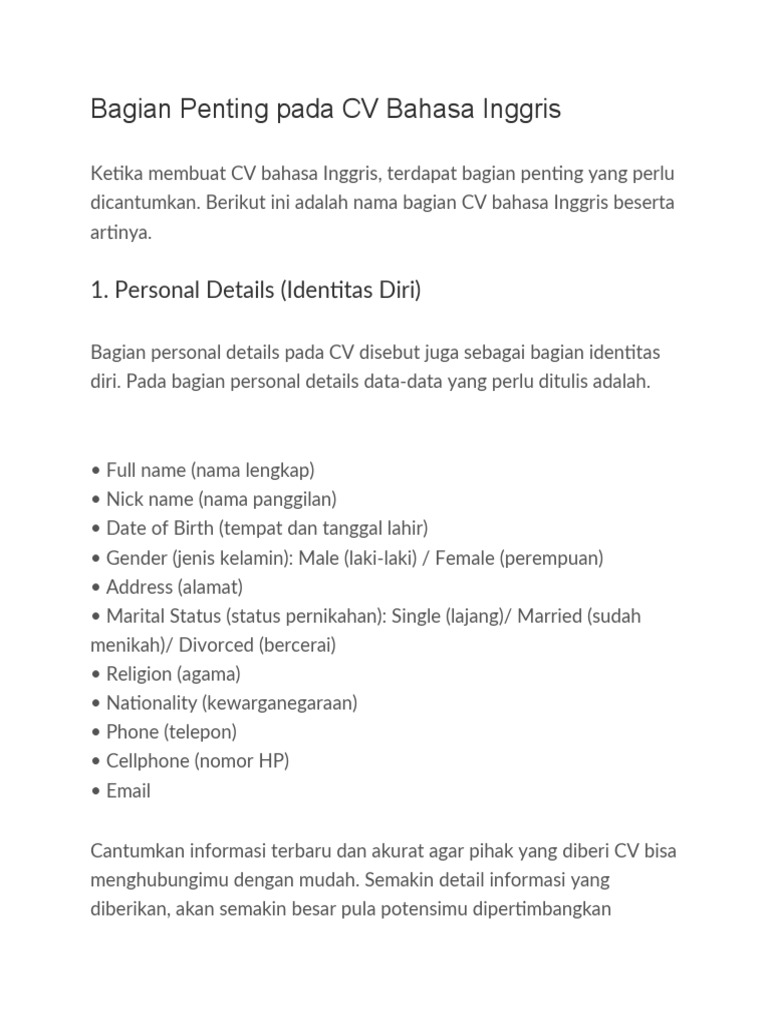 Cara Menulis CV Dalam Bahasa Inggris | PDF