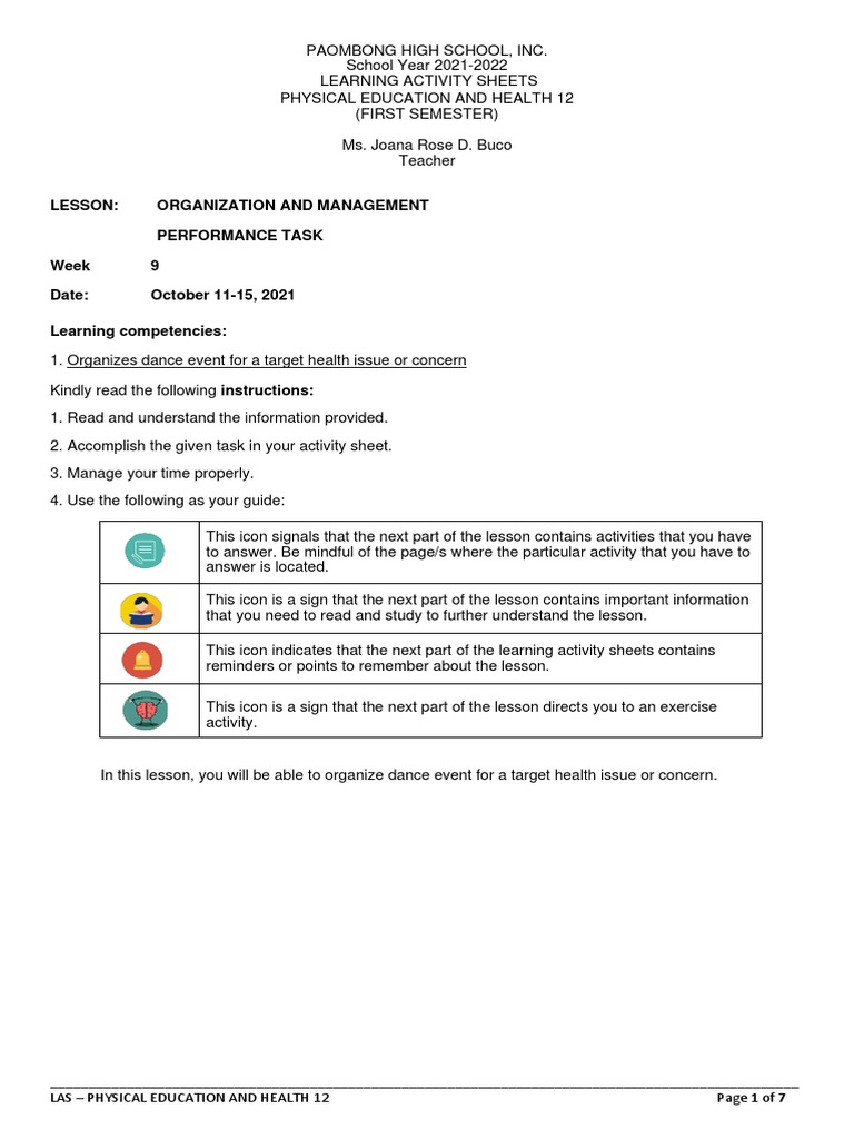 Week 9 Pe Organization and Management | PDF | Physical Education | Goal