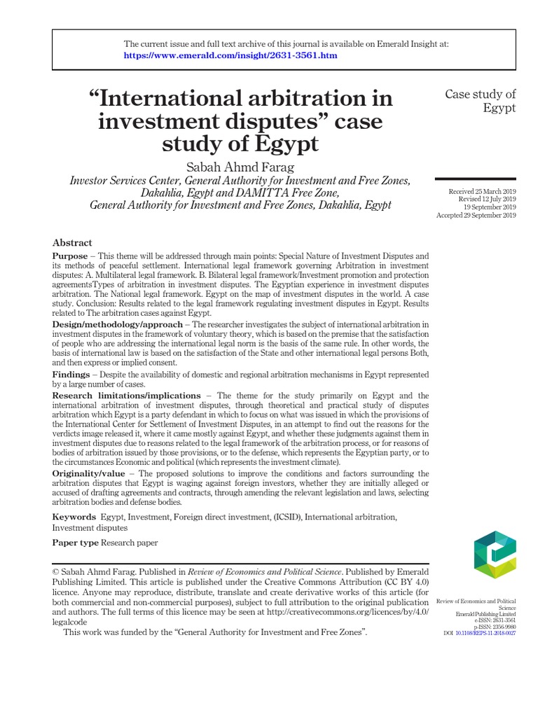"International Arbitration in Investment Disputes " Case Study of Egypt ...