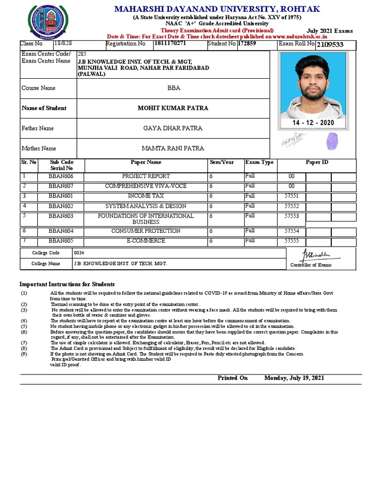 Exam Center Code/ Exam Center Name Class No Registration No Student No