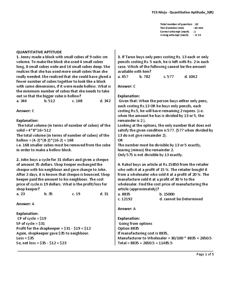 TCS Ninja Quantitative Aptitude Guide | PDF | Triangle | Elementary ...