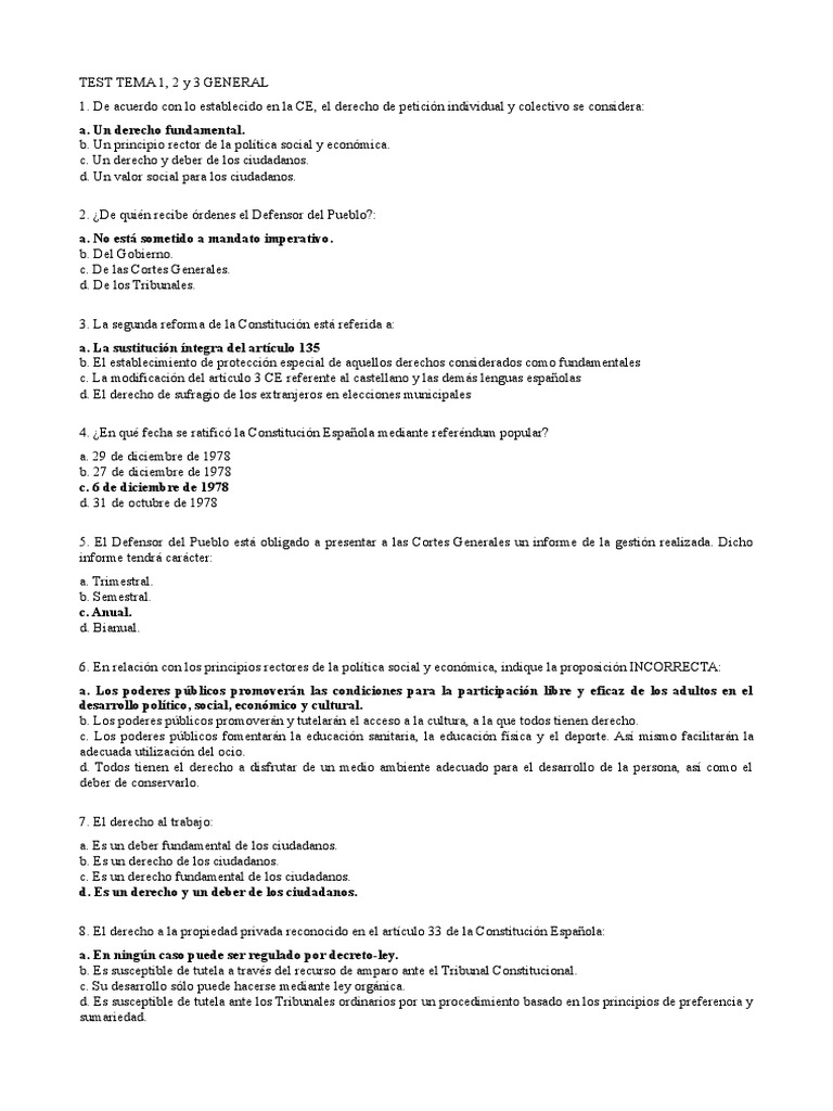 Test de Derecho Constitucional CE | PDF | Derecho Constitucional | Política