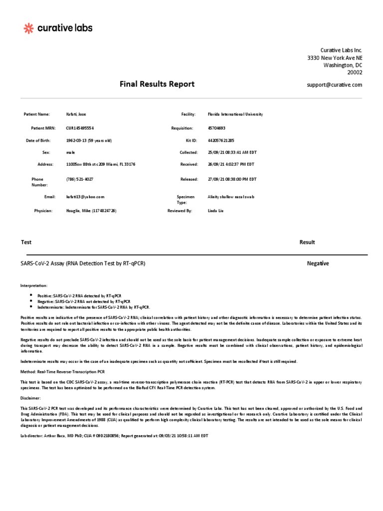 Final Results Report Curative Labs Inc. 3330 New York Ave NE