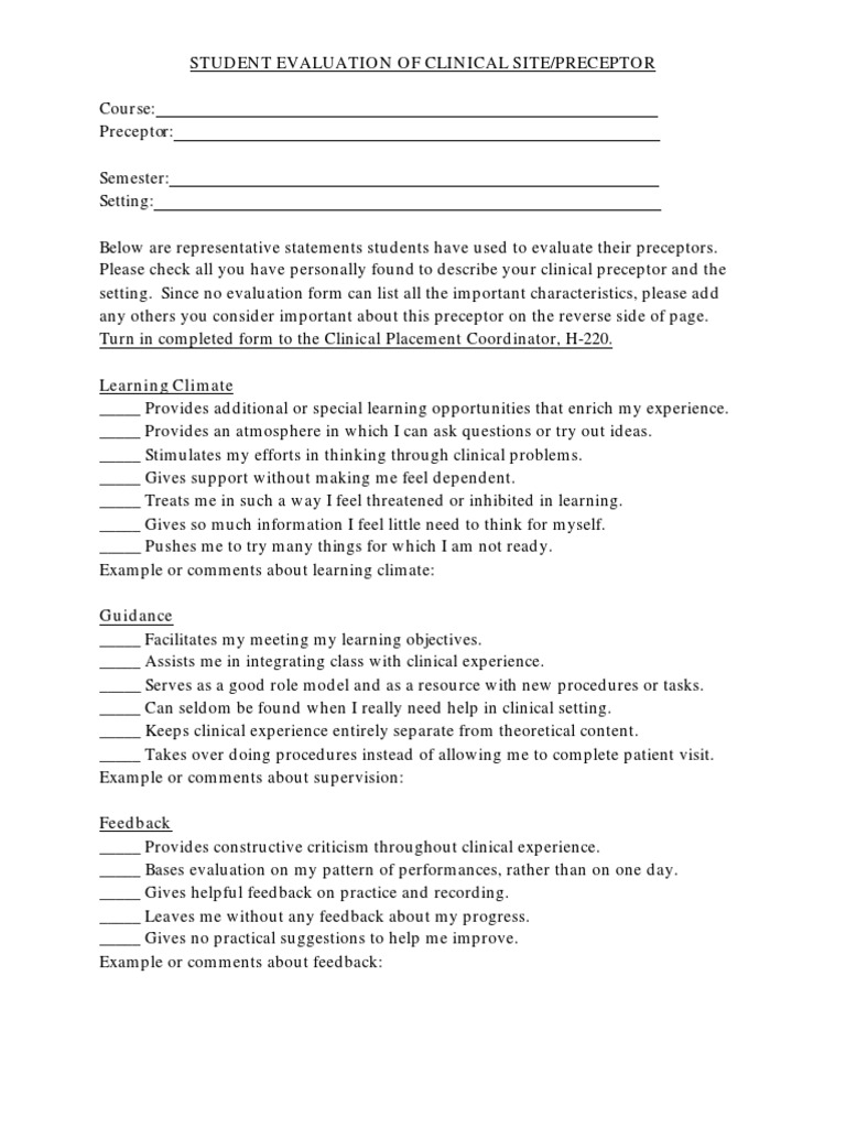 Clinical Site & Preceptor Evaluation Form | PDF | Learning | Evaluation