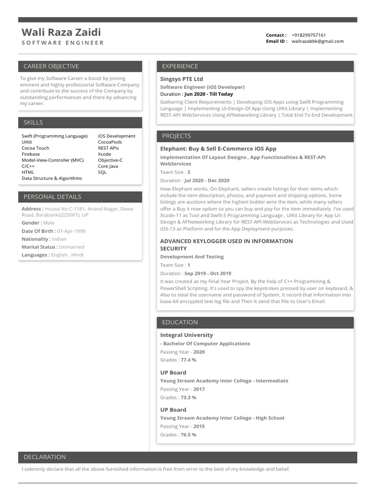 iOS Developer Resume: Wali Raza Zaidi | PDF | Ios | Swift (Programming ...