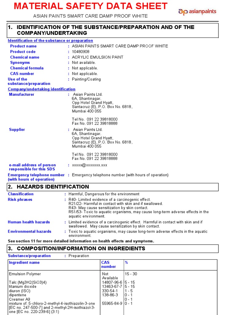 Emulson Paint MSDS PDF Personal Protective Equipment Chemistry