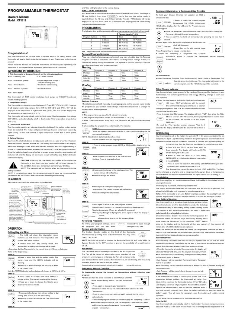 Cp1719 Thermostat Furnace