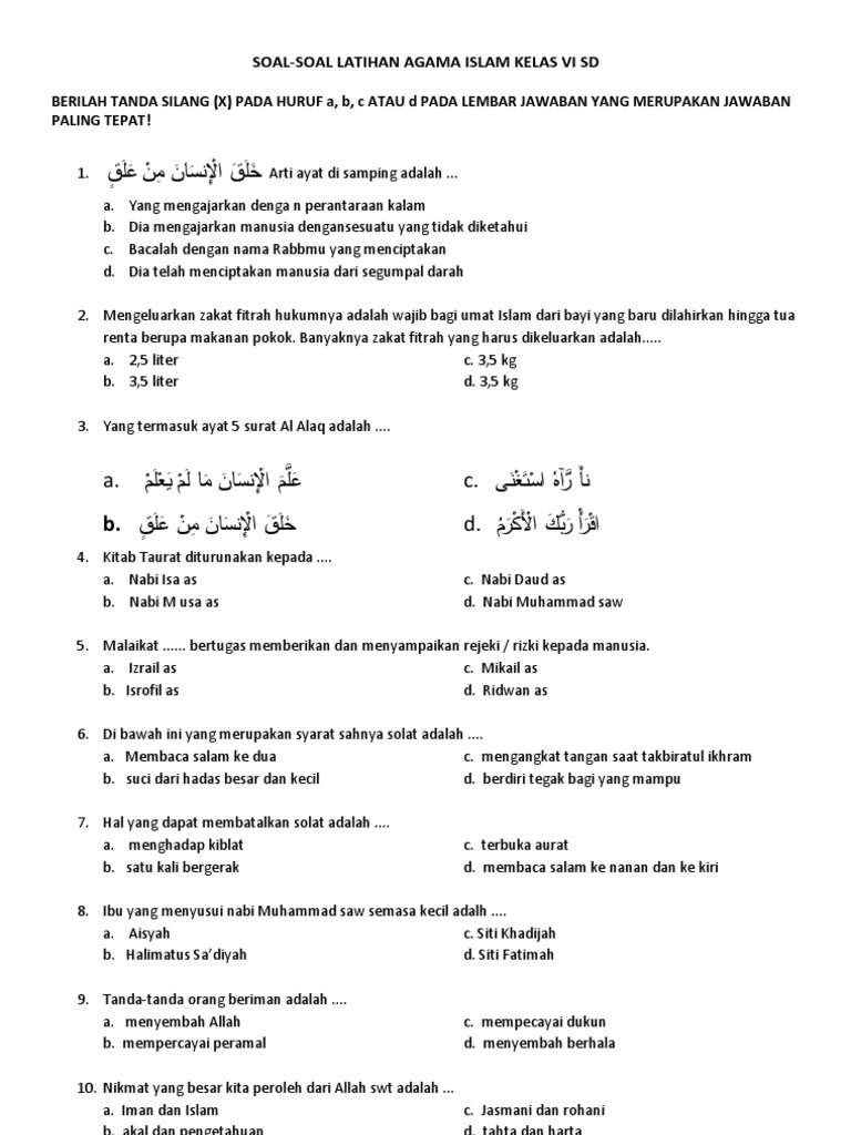 Soal Soal Latihan Usbn Agama Islam Kelas Vi