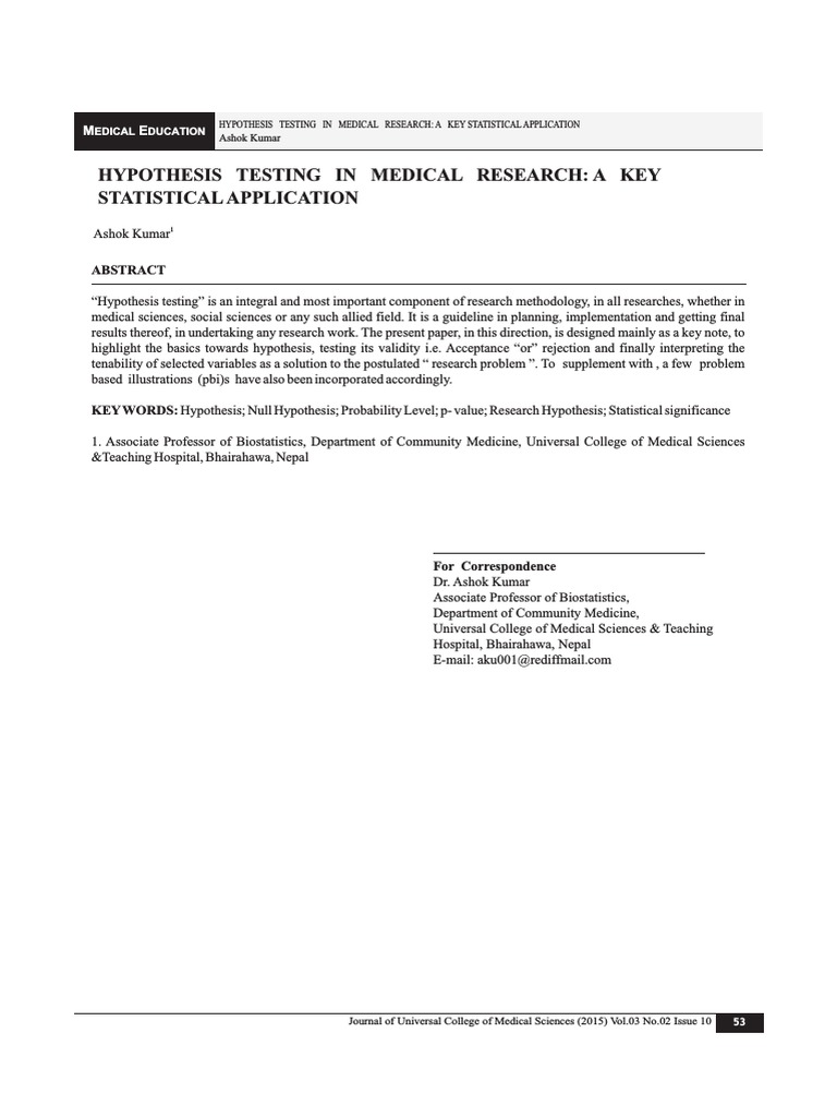 Artikel 2 Hypothesis Testing In Medical Research PDF Statistical