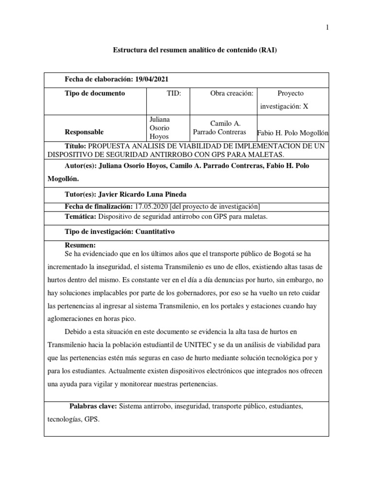 ANALISIS DE VIABILIDAD DE IMPLEMENTACION DE UN DISPOSITIVO DE