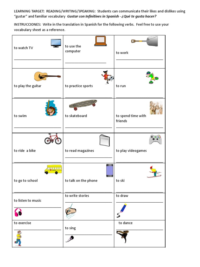 Sp1 - Cap1a - Gustar With Infinitives Lesson and Practice | PDF |  Grammatical Conjugation | Cognition, image size:768x1024