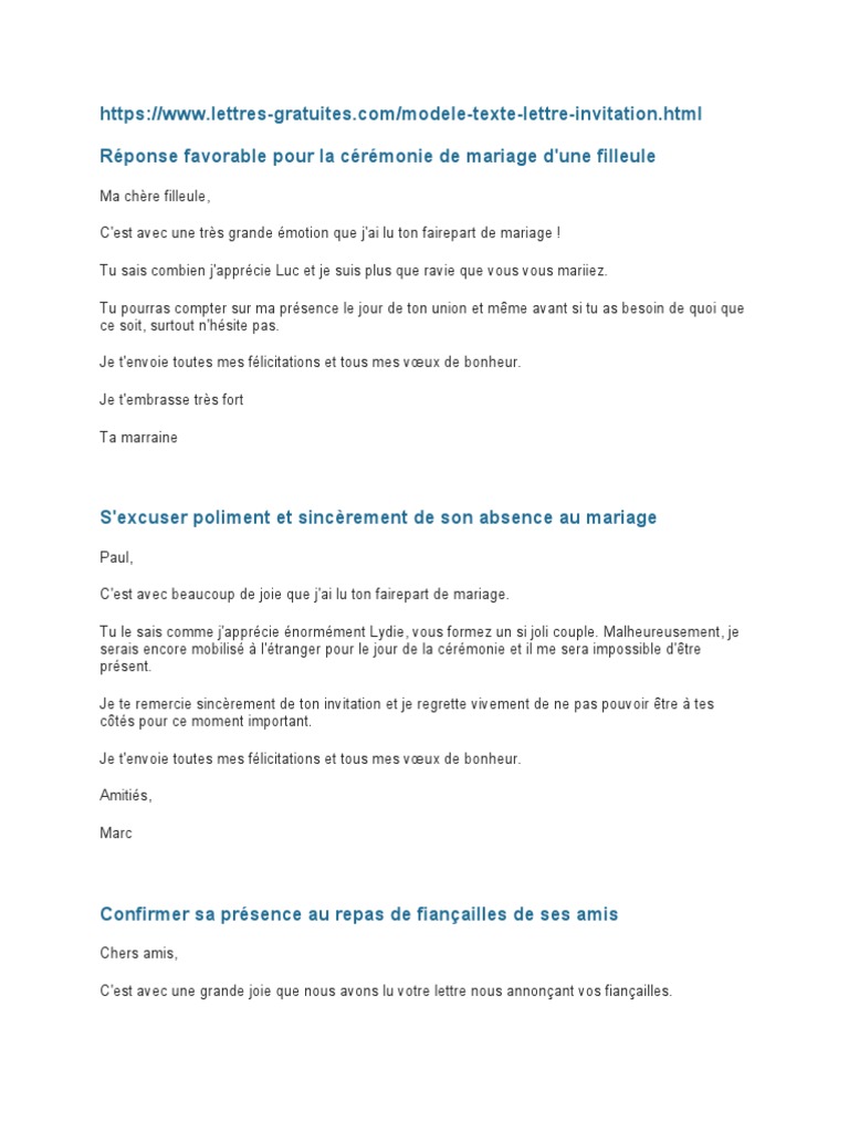 Réponse Négative à Une Invitation De Mariage Accepter Ou Refuser Une Invitation À Un Mariage | PDF | Mariage