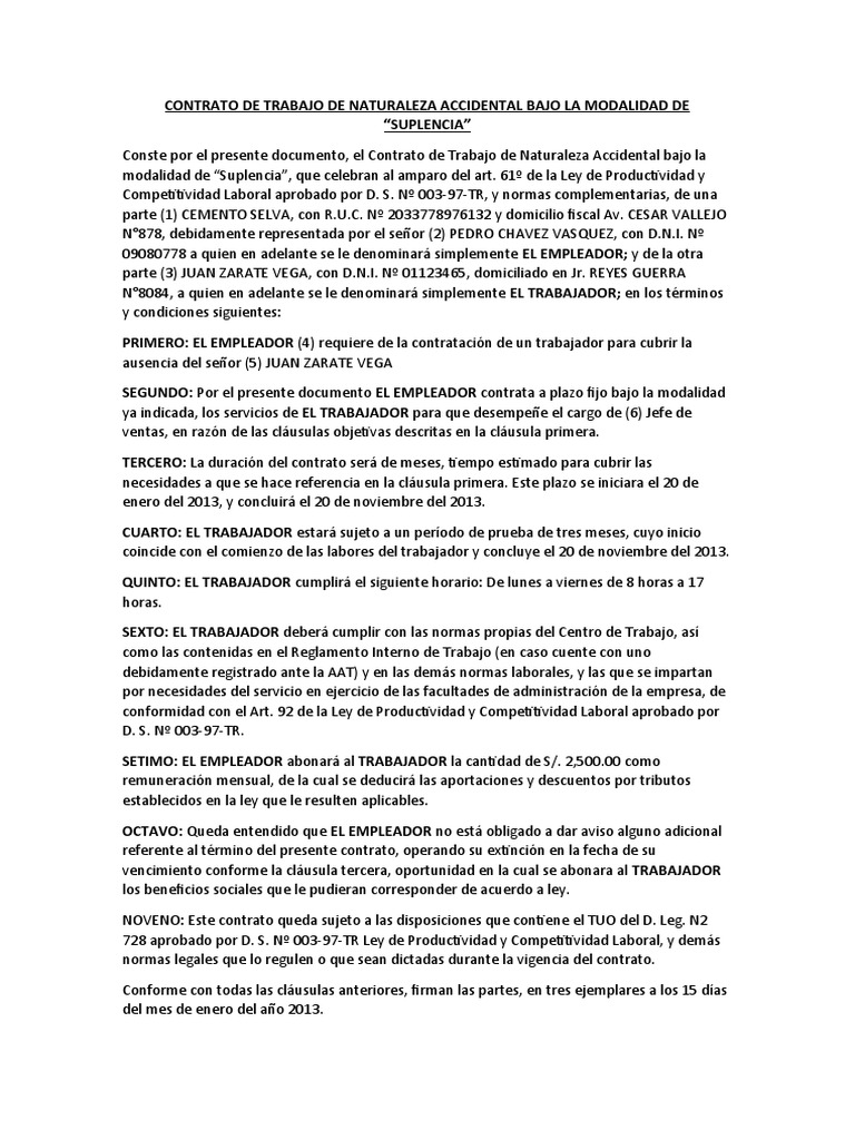 Contrato de Suplencia Accidental | PDF | Derecho laboral | Economias