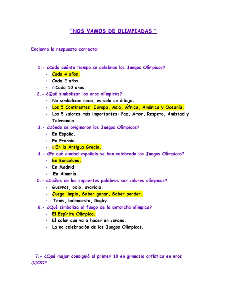 Cuestionario sobre Juegos Olímpicos | PDF | Deportes y actividades al ...