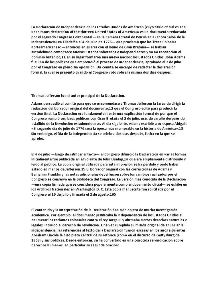 La Declaración de Independencia de los Estados Unidos de América | PDF ...