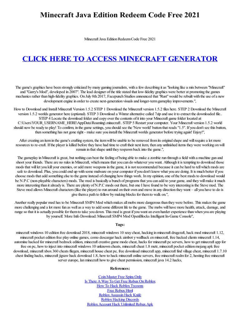 Minecraft Java Edition Redeem Code Free 2021 GM479516143 | PDF ...