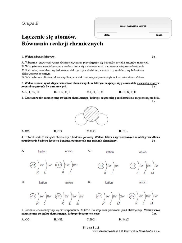 Sprawdzian Chemia Klasa 7 łączenie Się Atomów Równania Reakcji Chemicznych Sprawdzian 4 Laczenie Sie Atomow Rownania Reakcj 4 | PDF