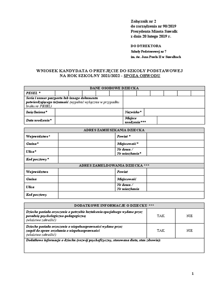 Wniosek O Przyjęcie Do Szkoły Ponadpodstawowej 2021/2022 Wniosek o Przyjecie Do Szkoly Podstawowej - Spoza Obwodu | PDF