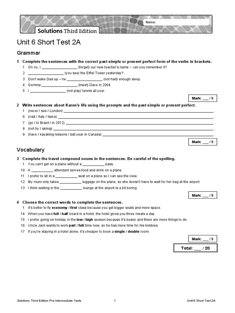 Unit 6 Short Test: Grammar & Vocabulary | PDF | Language Mechanics ...