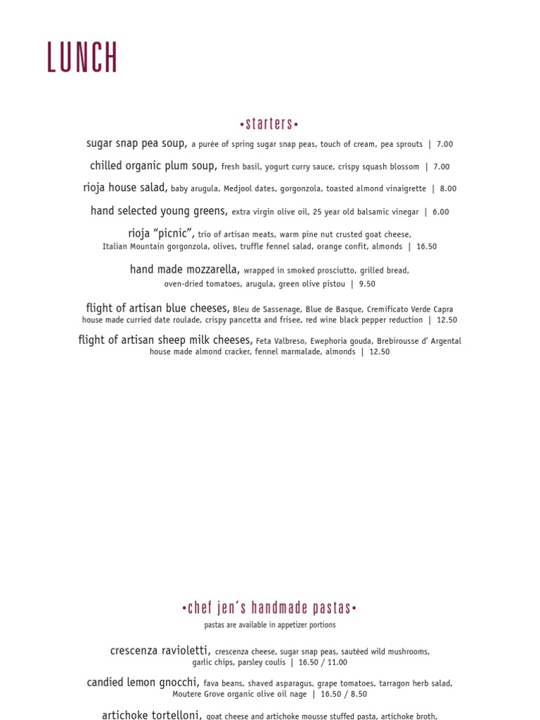Lunch Menu | PDF | Cooking, Food & Wine