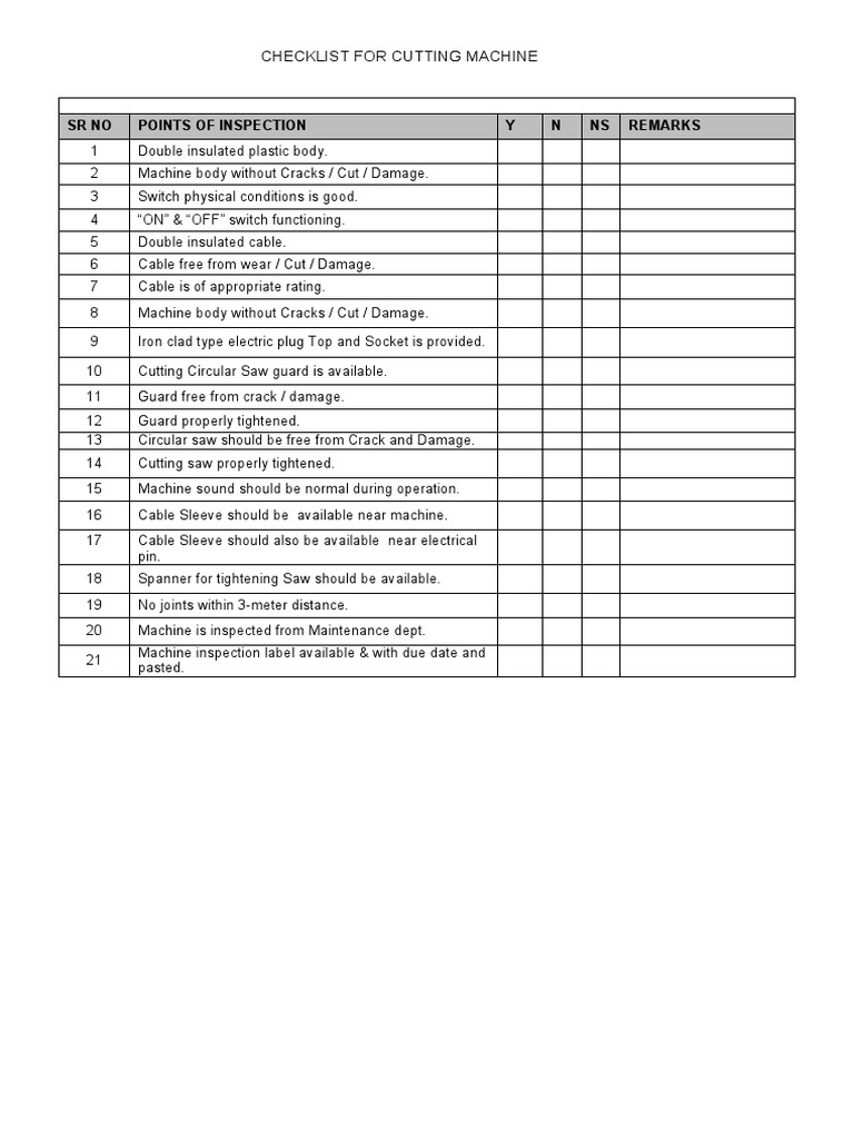 Cutting Machine Safety Checklist | PDF