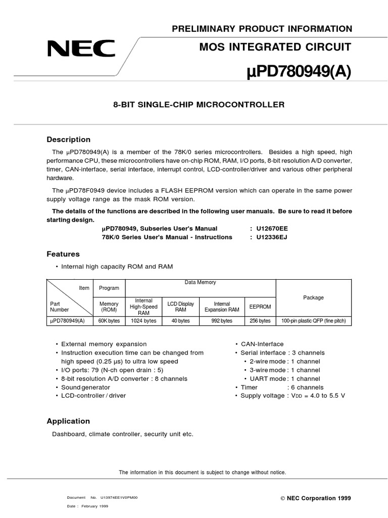 Mos Integrated Circuit Data Sheet PDF Microcontroller Random