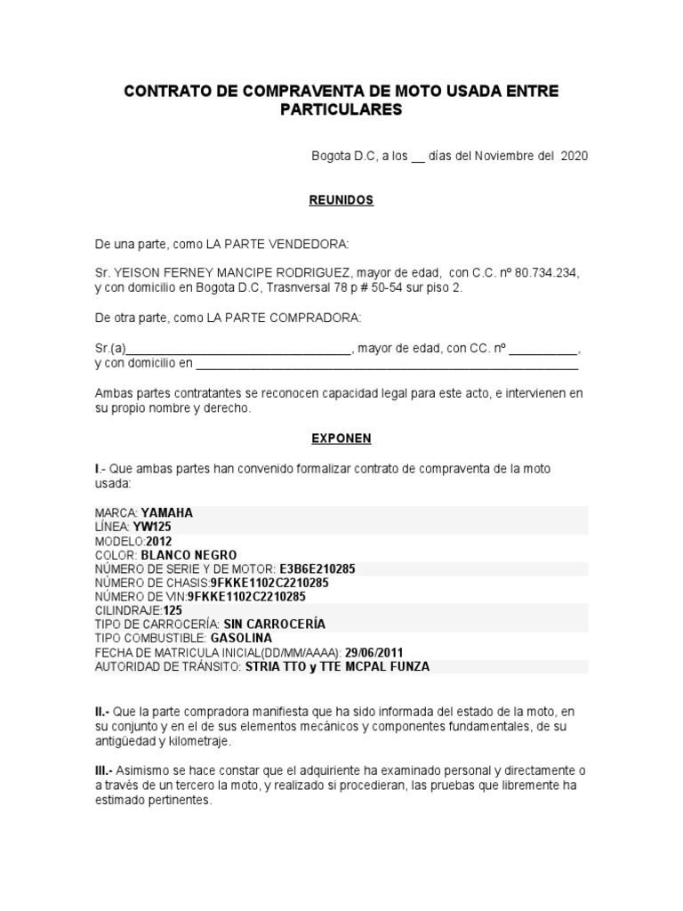 Contrato de Compraventa de Moto Usada Entre Particulares | PDF | Ley común