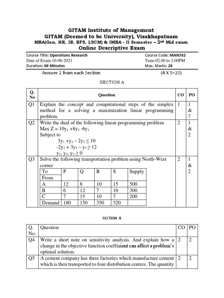 MBA (Gen, IB, HR, LSCM, BFS) - MMB702-Operations Research | PDF ...