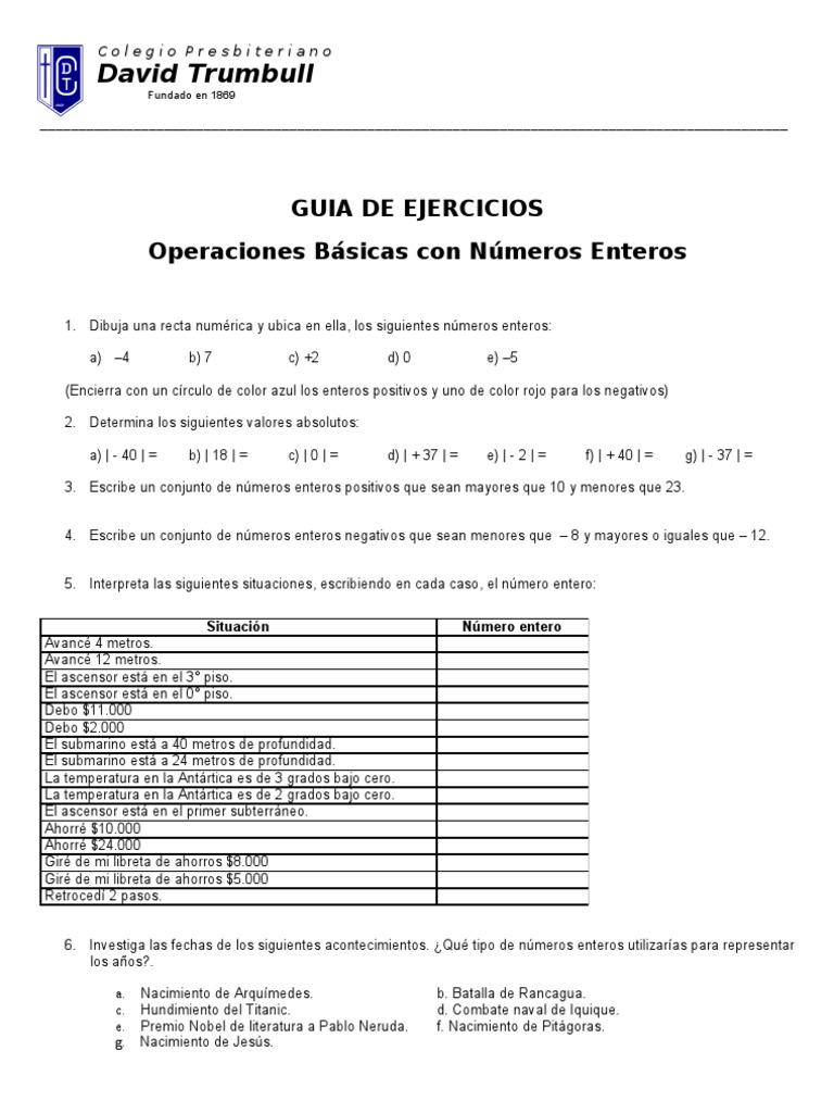 Operaciones Basicas Con Numeros Enteros | PDF | Entero | Enseñanza de ...