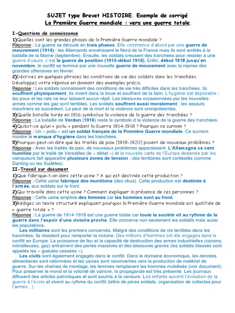 Sujet Brevet Seconde Guerre Mondiale Pdf Corrigé 1GM Corrigé | PDF | Première guerre mondiale | Guerre de tranchées